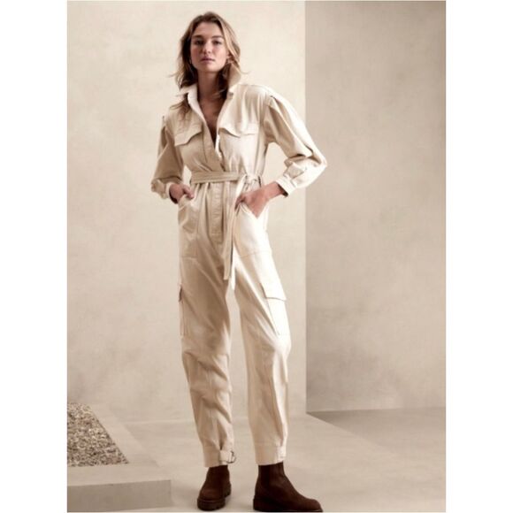 Banana Republic Beige Andi Moleskin Utility Flightsuit Size XL Jumpsuit Aviation - Picture 1 of 16